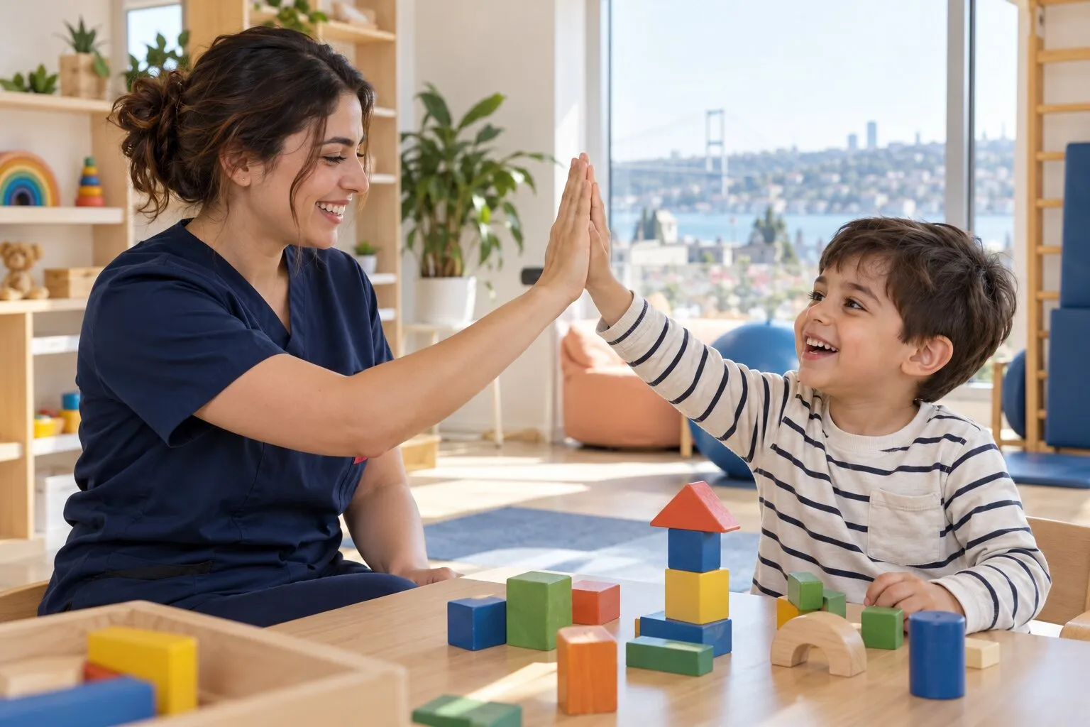 Terapist ve çocuk çak bir beşlik yapıyor