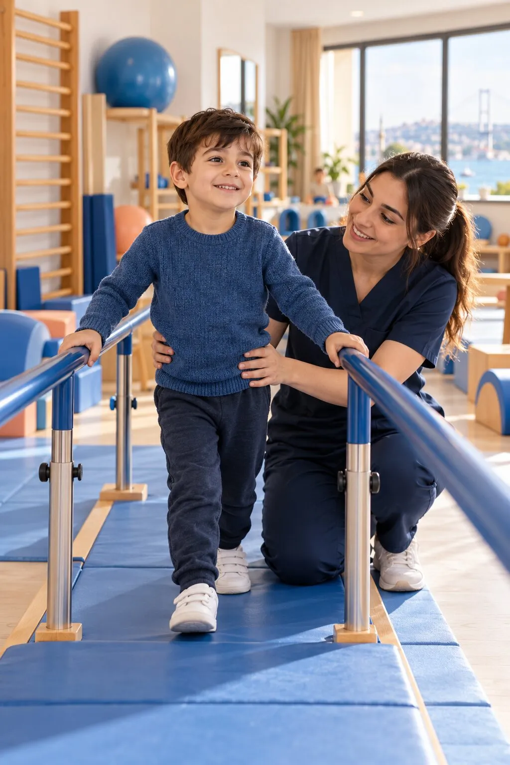 Fizyoterapist paralel barda yürüme çalışması yapan çocuğu destekliyor